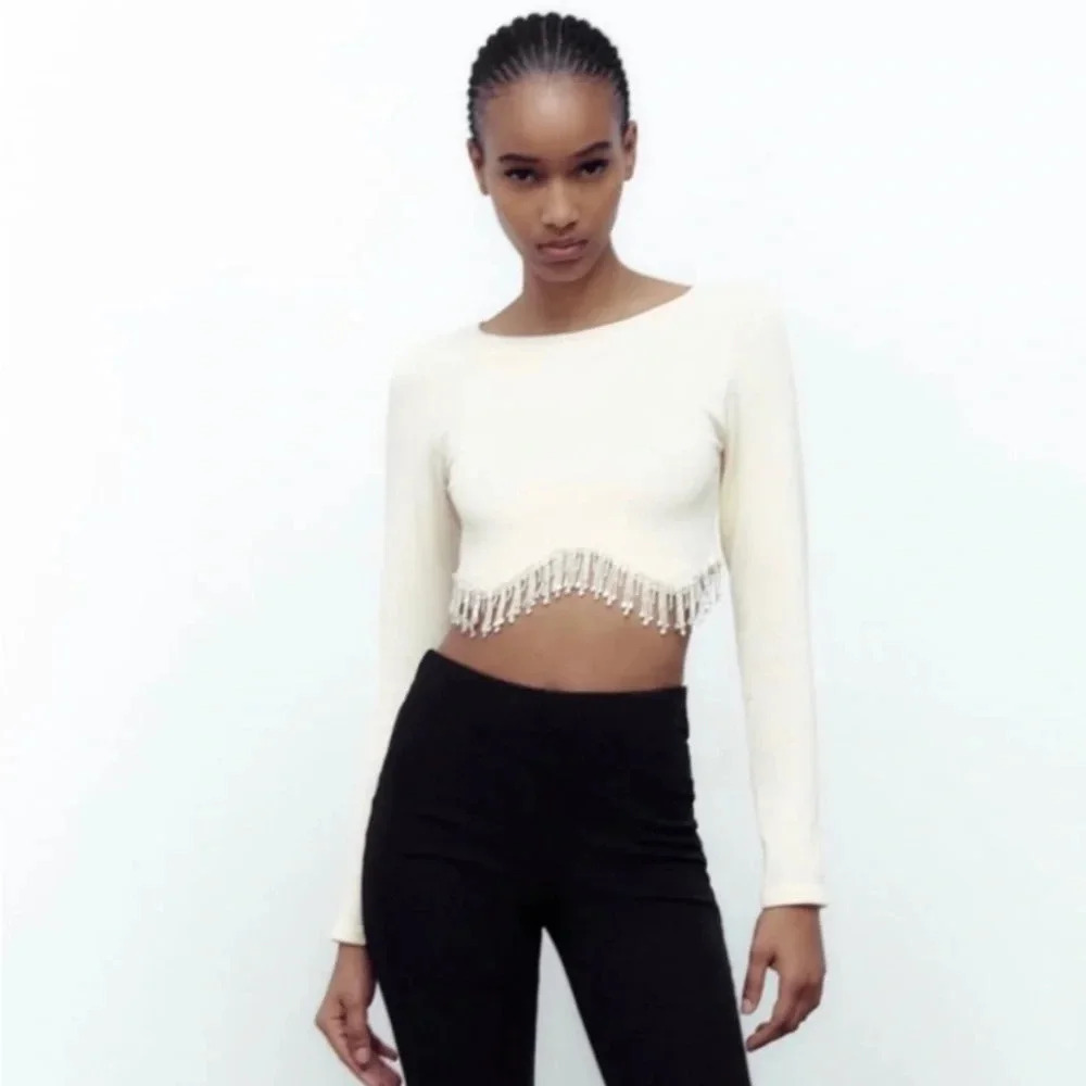 ZARA | Seamless Crop Top With Rhinestones in Oyster White Size L